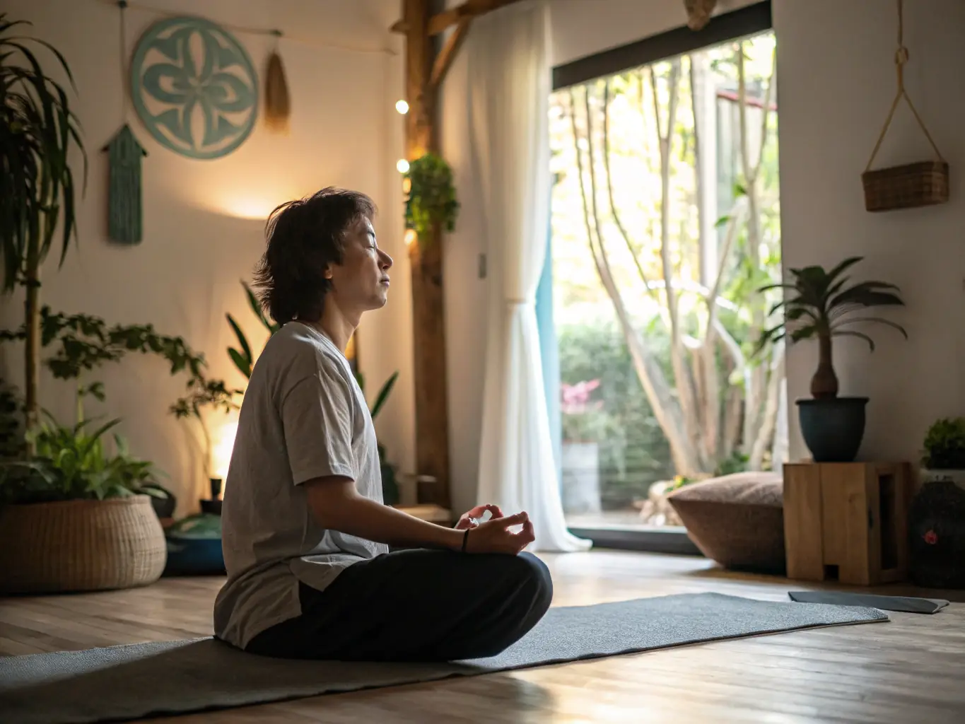 A person meditating in a peaceful environment, representing work-life balance and stress reduction techniques.