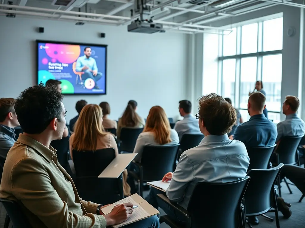 A group of professionals participating in a time management workshop, learning techniques to improve their efficiency and organization.